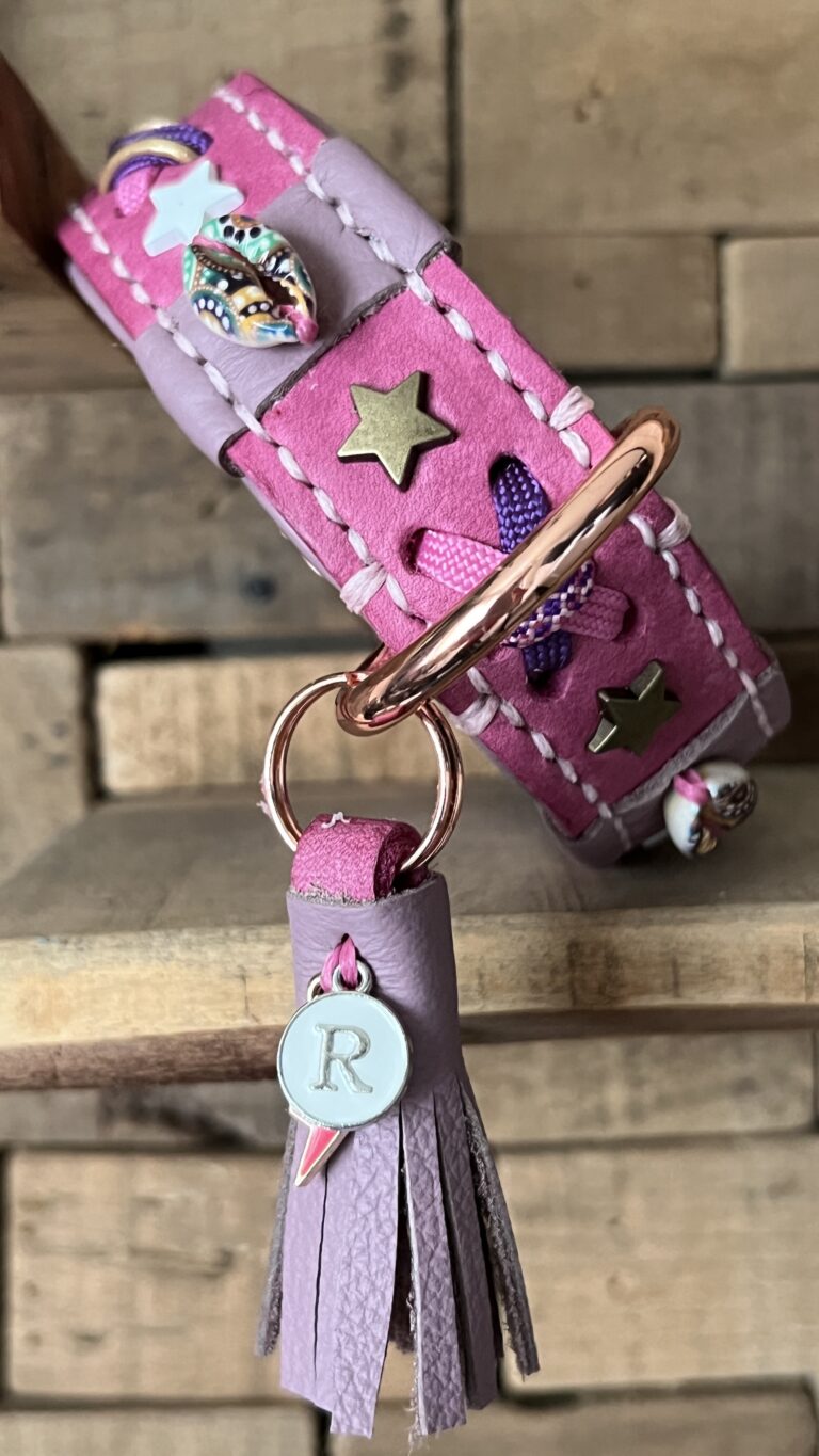 Roze leer lila voering en deco met schelp