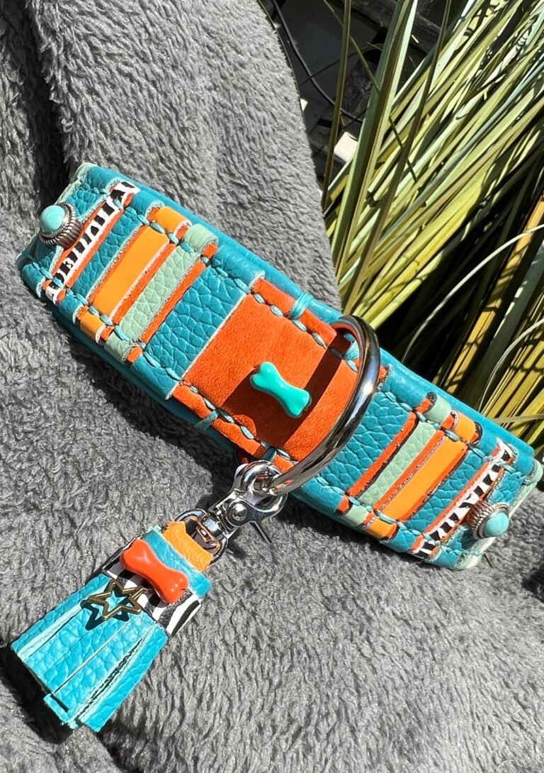 Oranje leer turquoise nappa stroken deco