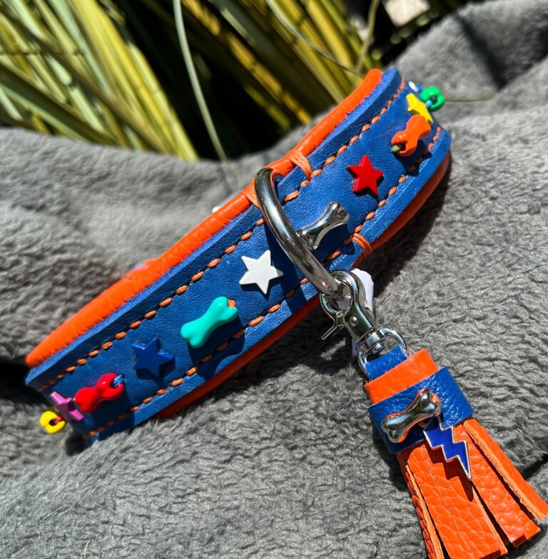 Koningsblauw leer oranje nappa en botjes en ster deco