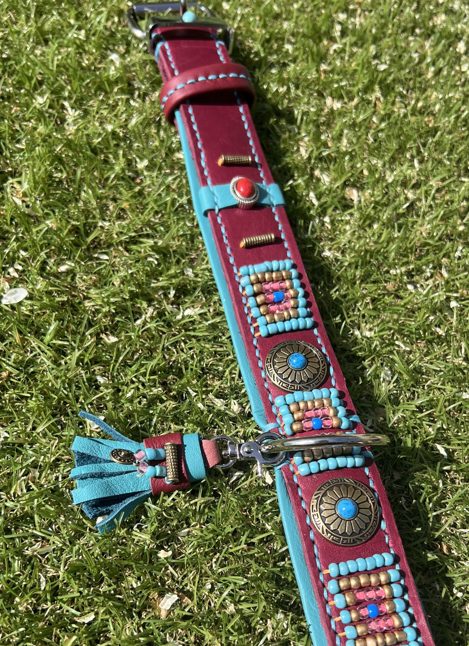 Bordeaux leer turquoise nappa Ibiza Boho kralen en conchos2