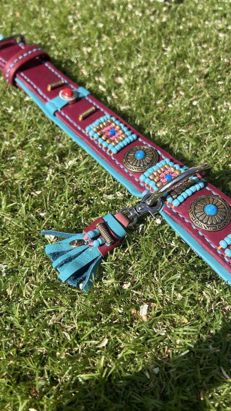 Aubergine leer met kralen en conchos2