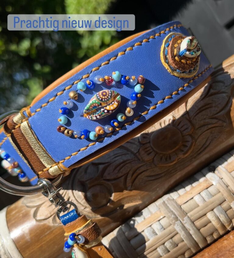 Saffierblauw leer met kralen en schelpen decor2