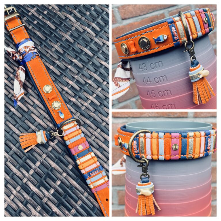 Oranje-leer-donkerblauw-voering-nappa-stroken-en-bandana-decor