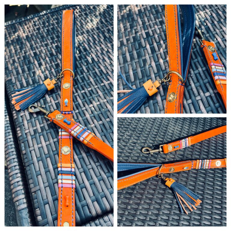 Oranje leer lijn passend bij halsband met nappa strook decor en blauwe voering