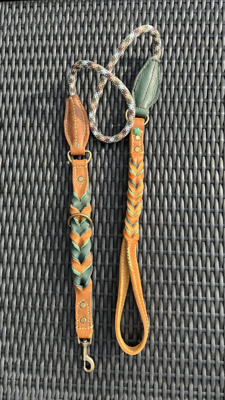 Lijn cognac groen leer met lijntouw