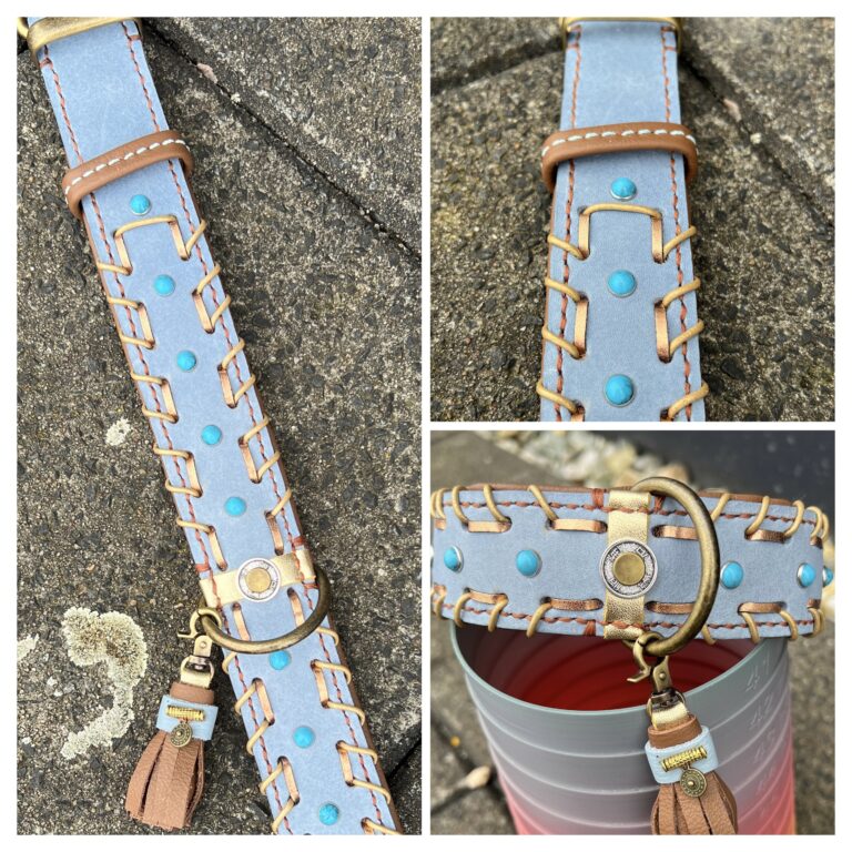 Pastel jeans leer turquoise stenen en goud koper leer decor