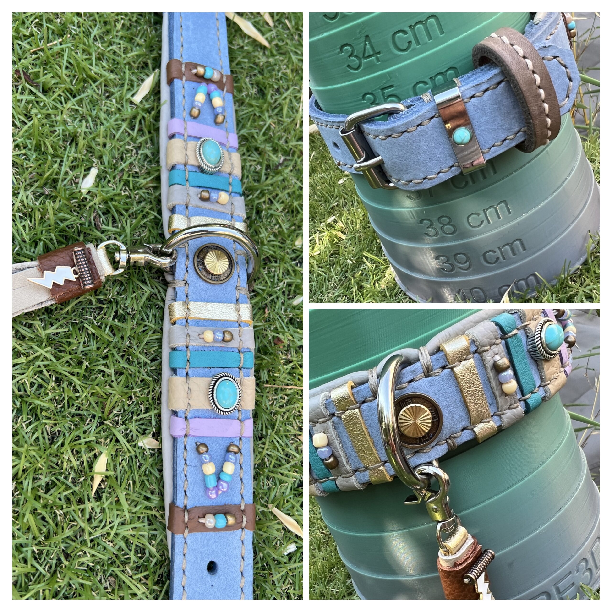 Light blue leather with nappa strips detail